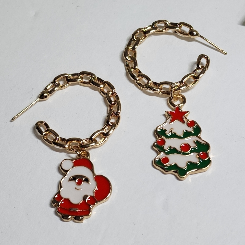Christmas Gold Chain Santa Tree Earrings